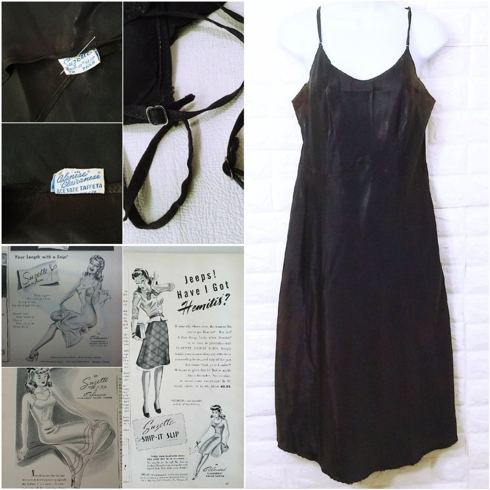 Vintage 40s Suzette Snip-It Full Slip Dress -38 Celanese Taffeta Strappy Navy